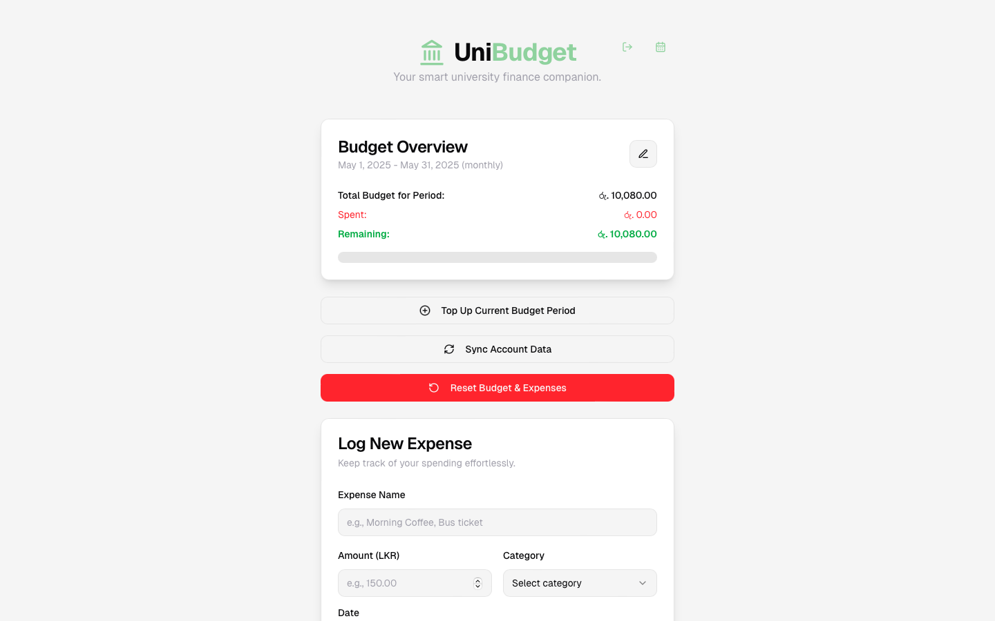 Uni Budget Tracker project screenshot